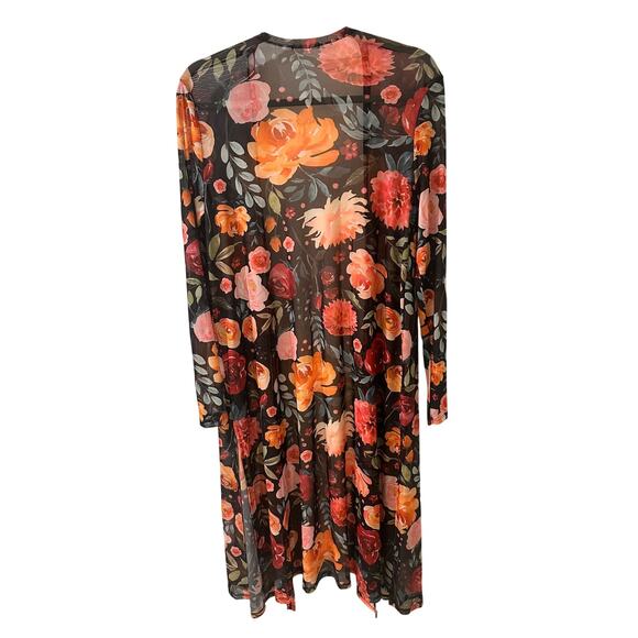 Sheer Floral Long Sleeve Open Front Longline Beach Summer Chic Coverup, size XL - Picture 6 of 6